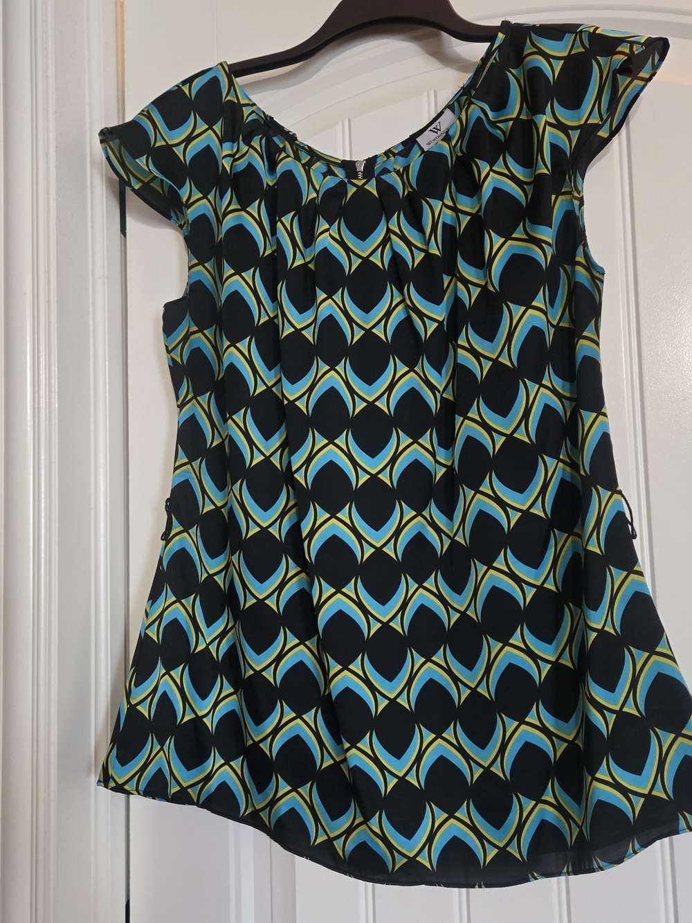 Worthington Black, Teal & Yellow Geometric Cap Sleeve Top